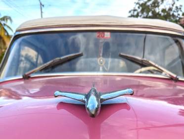 a pink classic car with a plan shaped hood ornament head on view