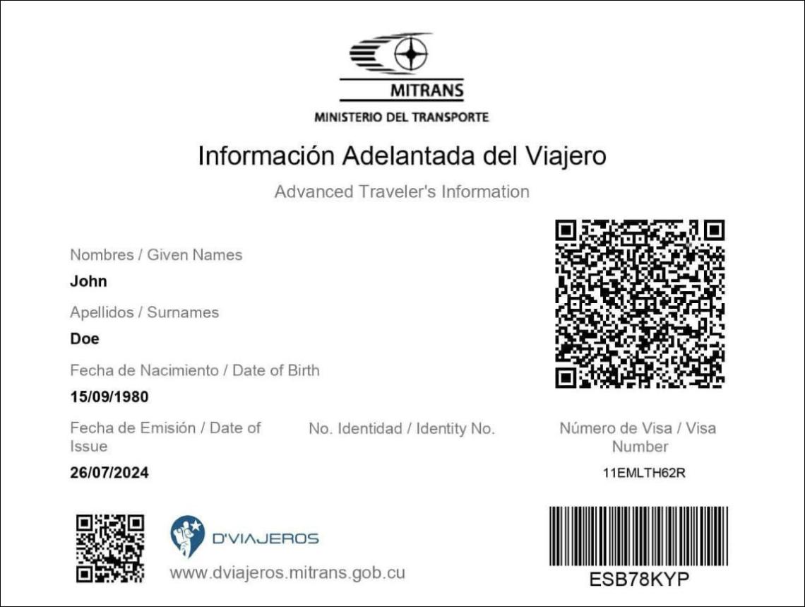 Exemplo de um e-Visa para Cuba