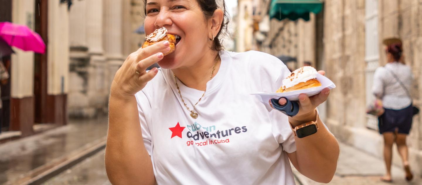 Tour leader eating street sweets